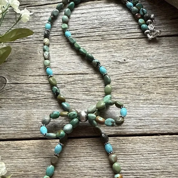 Bow Blue Green Turquoise Sterling Silver Pearls Bead Necklace. 18 Inch. Gift